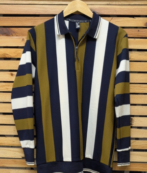 Mens Polo Shirts Vintage Vertical Striped Olive & Black
