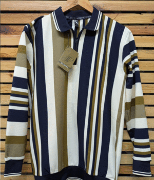 Mens Polo Shirts Vintage Vertical Striped Olive & White